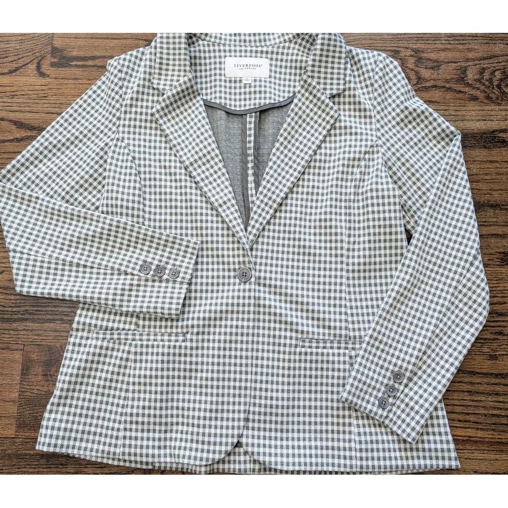 Liverpool Los Angeles Gray Gingham Check One Button Blazer Jacket Sz L Stretch